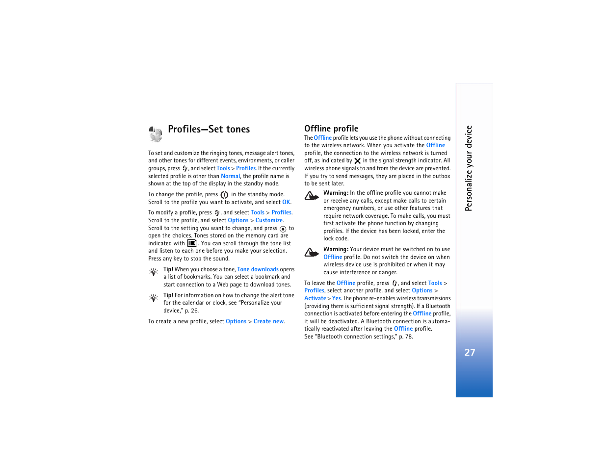 Profiles, Offline profile, Profiles—set tones | Profiles—set, Tones‚" p. 27, Profiles—set tones‚" p. 27, 27 profiles—set tones, Per sonalize your device | Nokia N90 User Manual | Page 36 / 129