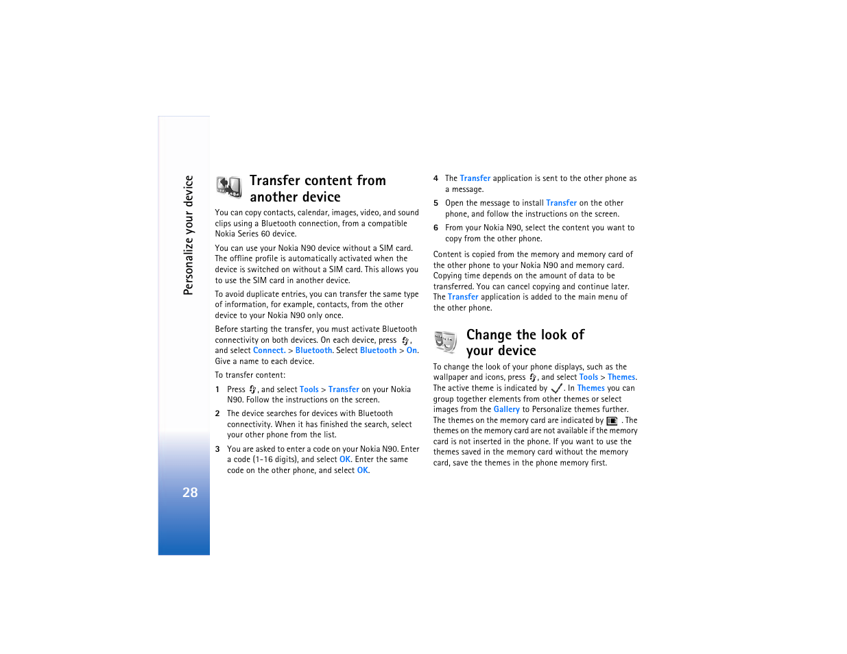 Transfer content from another device, Change the look of yourdevice, Change the look of your device‚" p. 28 | 28 transfer content from another device, Change the look of your device, Per sonalize your device | Nokia N90 User Manual | Page 37 / 129