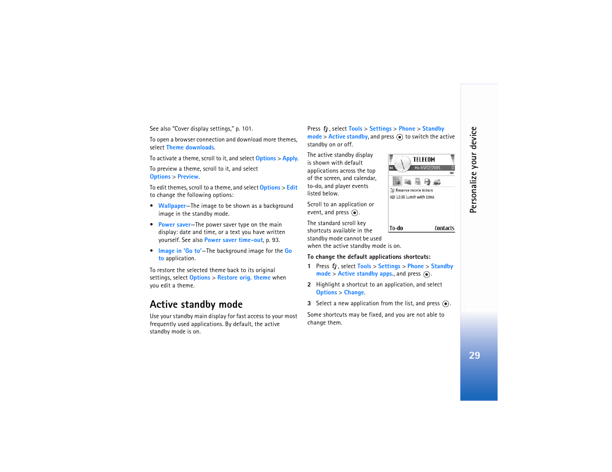 Active standby, Active standby mode, Active standby mode‚" p. 29 | Per sonalize your device | Nokia N90 User Manual | Page 38 / 129