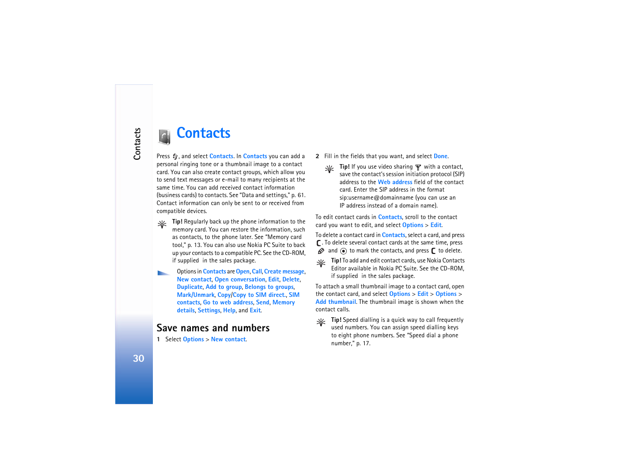 Contacts, Save names and numbers, Conta cts | Nokia N90 User Manual | Page 39 / 129