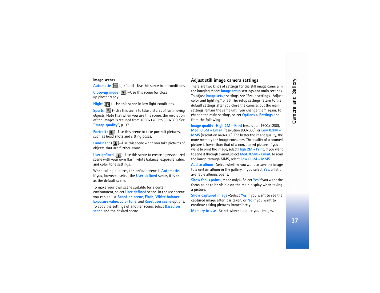 Adjust still image camera settings‚" p. 37 | Nokia N90 User Manual | Page 46 / 129