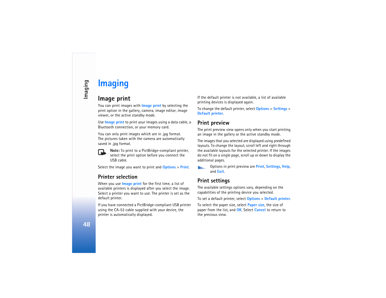Imaging, Image print, Printer selection | Print preview, Print settings, Printer selection print preview print settings, Image, Print‚" p. 48 | Nokia N90 User Manual | Page 57 / 129