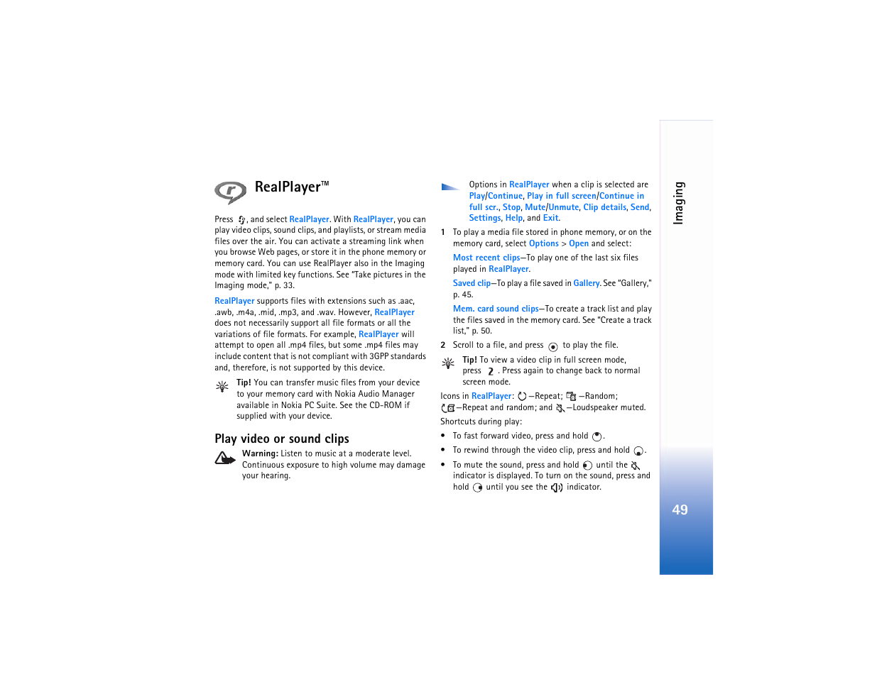 Realplayer, Play video or sound clips, E "realplayer™," p. 49 | P. 49, 49 realplayer, Imaging | Nokia N90 User Manual | Page 58 / 129