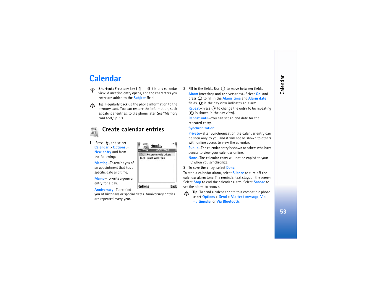 Calendar, Create calendar entries, Ca lendar | Nokia N90 User Manual | Page 62 / 129