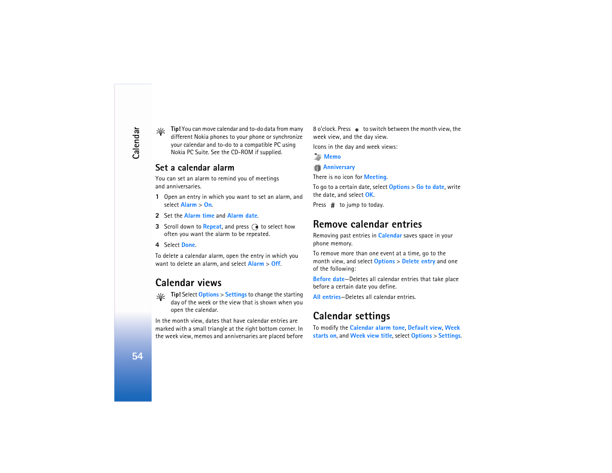 Set a calendar alarm, Calendar views, Remove calendar entries | Calendar settings, Ca lendar | Nokia N90 User Manual | Page 63 / 129