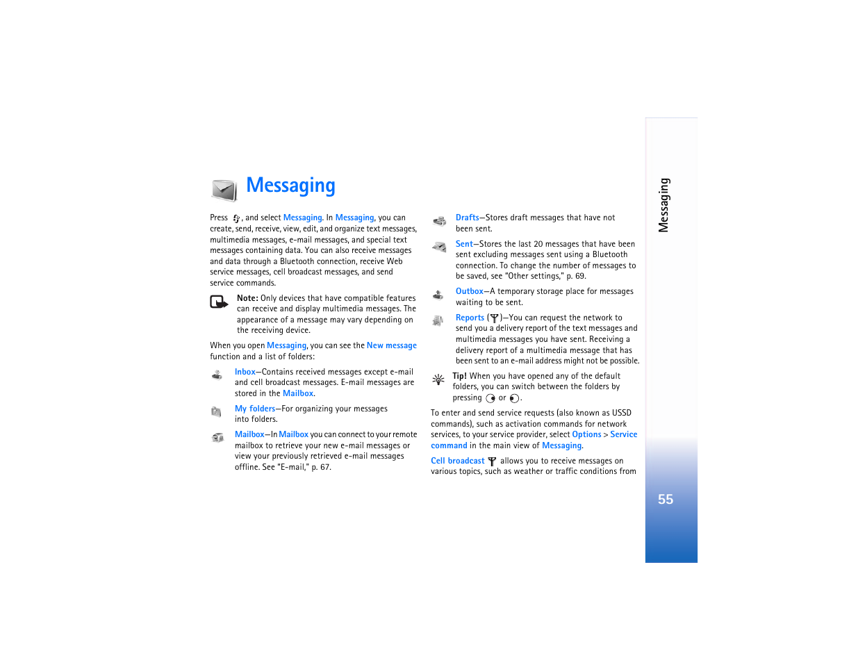 Messaging, Messaging," p. 55, Messaging‚" p. 55 | Nokia N90 User Manual | Page 64 / 129