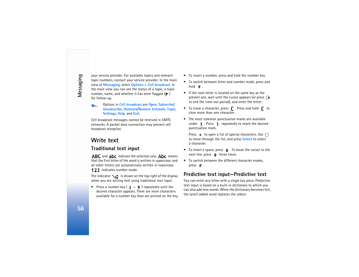 Write text, Traditional text input, Predictive text input | Messaging, Predictive text input—predictive text | Nokia N90 User Manual | Page 65 / 129