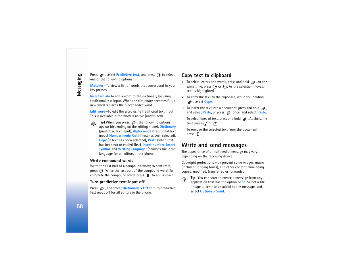 Copy text to clipboard, Write and send messages, Messaging | Nokia N90 User Manual | Page 67 / 129