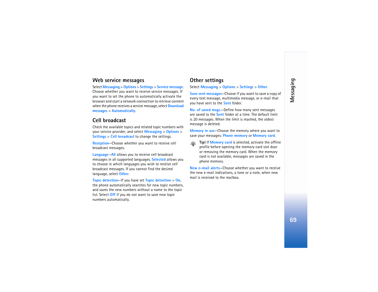 Web service messages, Cell broadcast, Other | Web service messages cell broadcast other settings, Messaging, Other settings | Nokia N90 User Manual | Page 78 / 129