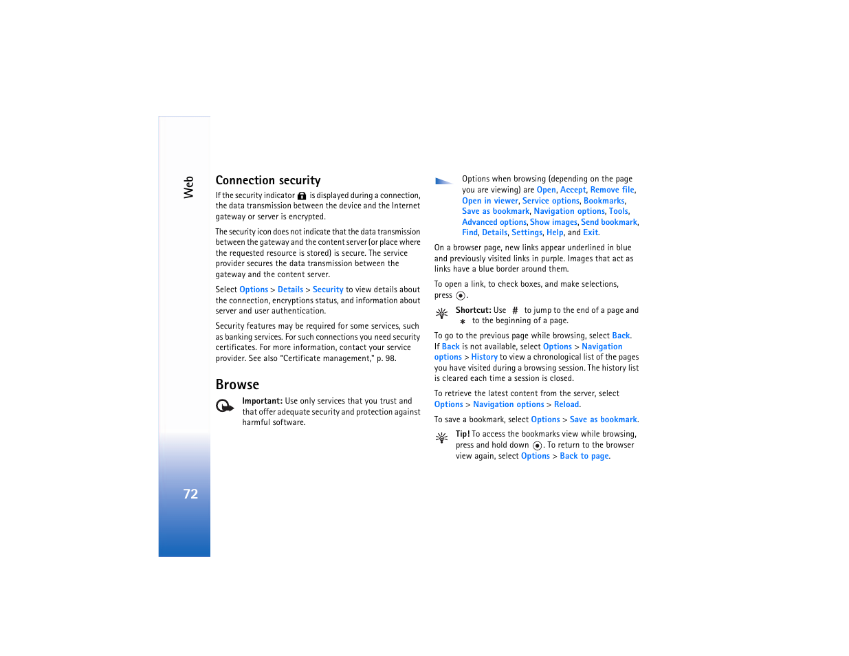 Connection security, Browse, Browse‚" p. 72 | Nokia N90 User Manual | Page 81 / 129