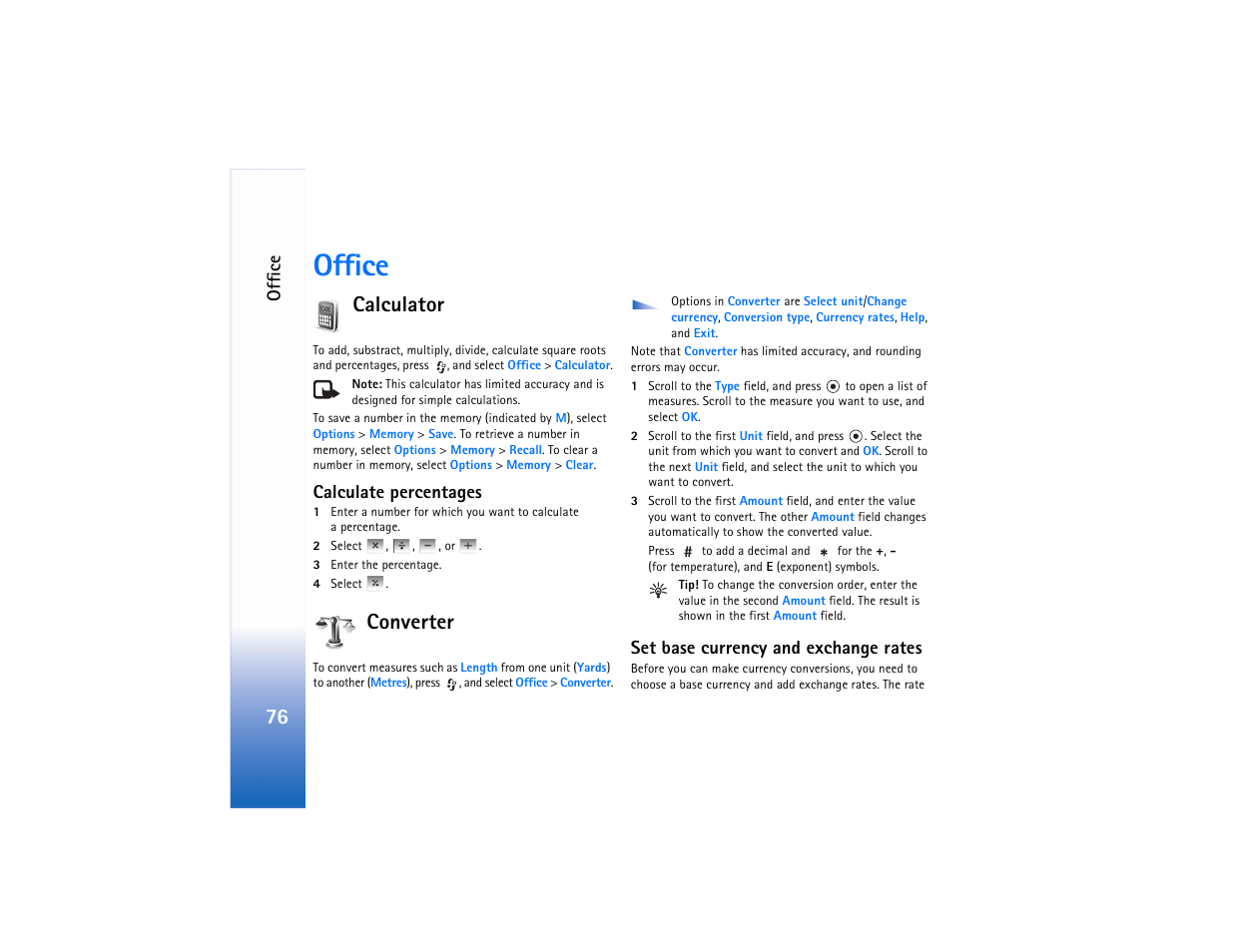 Office, Calculator, Calculate percentages | Converter, Set base currency and exchange rates, Offic e | Nokia N90 User Manual | Page 85 / 129