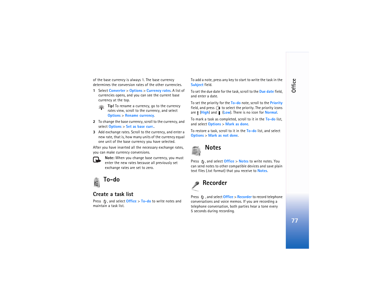 To-do, Create a task list, Notes | Recorder, Notes recorder, Offic e | Nokia N90 User Manual | Page 86 / 129
