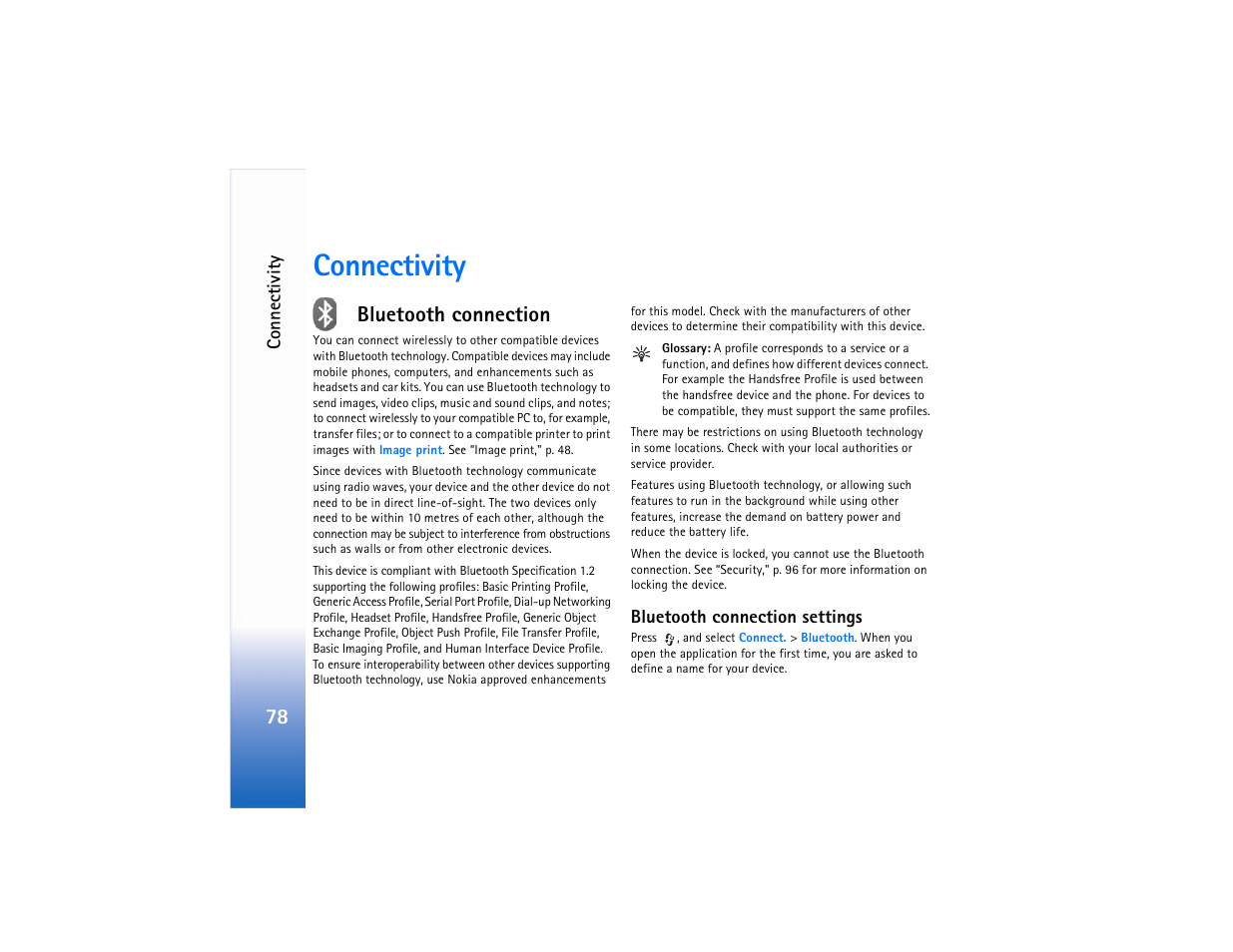 Connectivity, Bluetooth connection, Bluetooth connection settings | Connectivity," p. 78, Bluetooth connection‚" p. 78 | Nokia N90 User Manual | Page 87 / 129