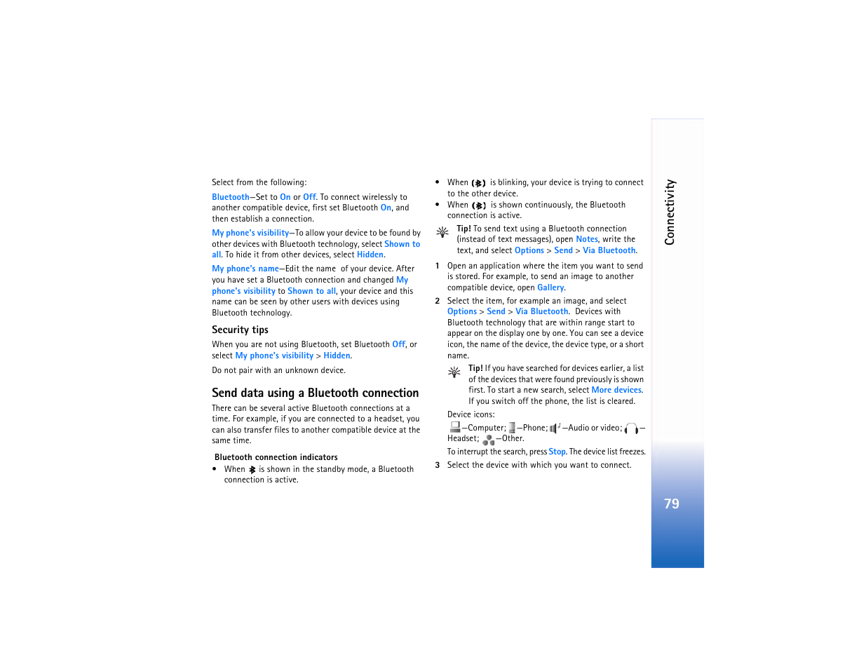 Send data using a bluetooth connection, Co n n ec ti vit y | Nokia N90 User Manual | Page 88 / 129