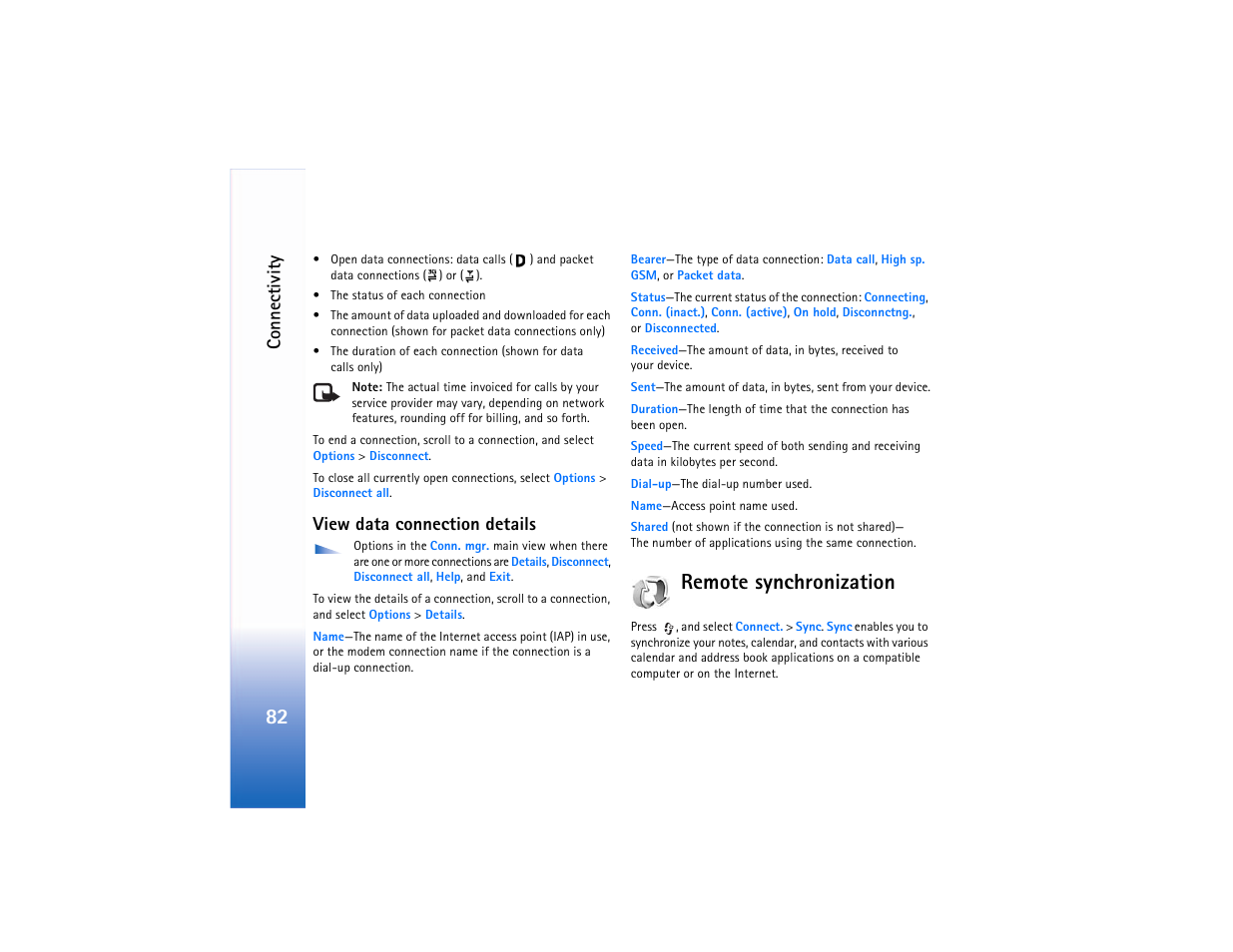 View data connection details, Remote synchronization, Co n n ec ti vit y | Nokia N90 User Manual | Page 91 / 129