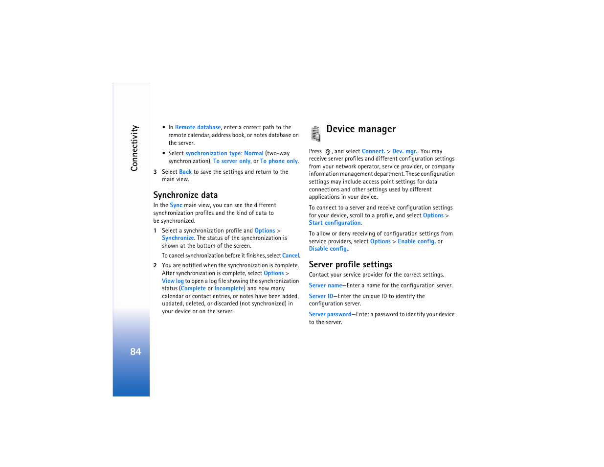 Synchronize data, Device manager, Server profile settings | Nokia N90 User Manual | Page 93 / 129