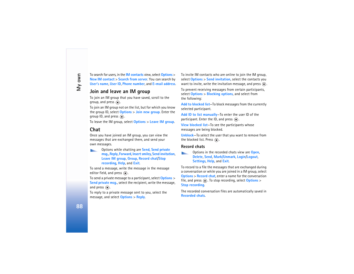 Join and leave an im group, Chat, Join and leave an im group chat | My own | Nokia N90 User Manual | Page 97 / 129