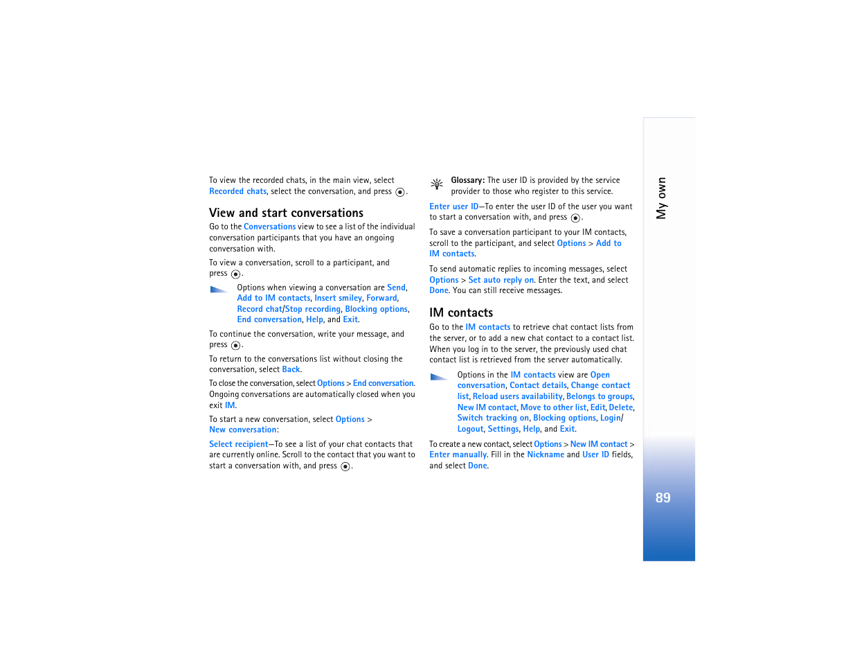 View and start conversations, Im contacts, View and start conversations im contacts | My own | Nokia N90 User Manual | Page 98 / 129