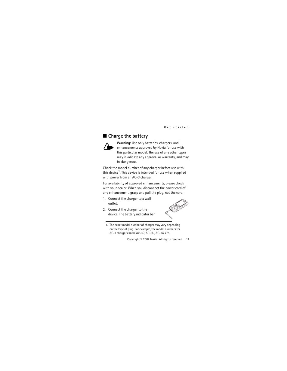 Charge the battery | Nokia 1650 User Manual | Page 12 / 41