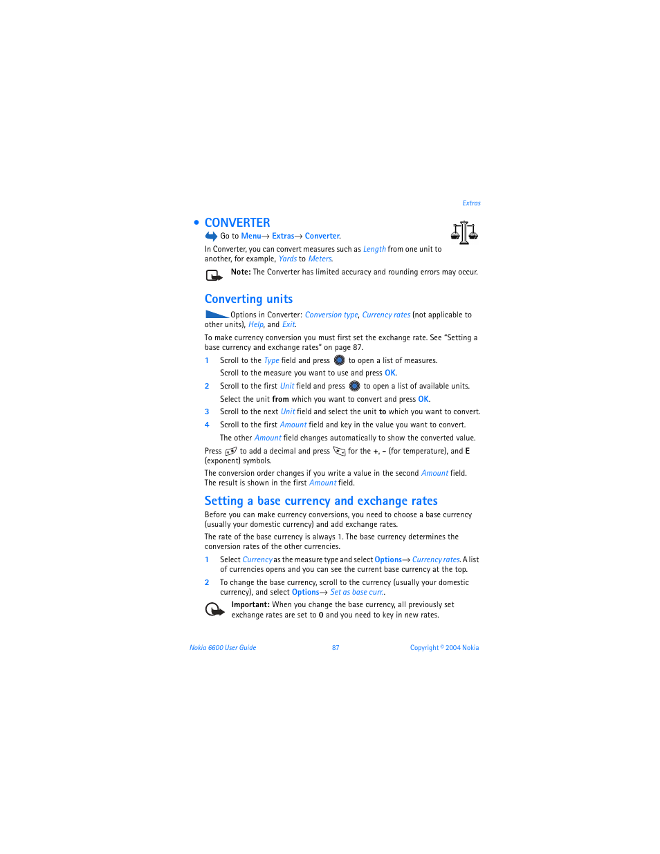Converter, Converting units, Setting a base currency and exchange rates | Nokia 6600 User Manual | Page 100 / 161
