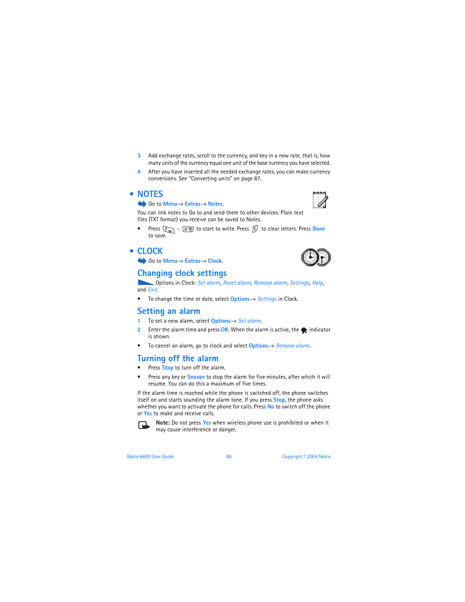 Notes, Clock, Changing clock settings | Setting an alarm, Turning off the alarm | Nokia 6600 User Manual | Page 101 / 161