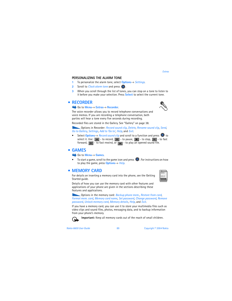 Recorder, Games, Memory card | Nokia 6600 User Manual | Page 102 / 161