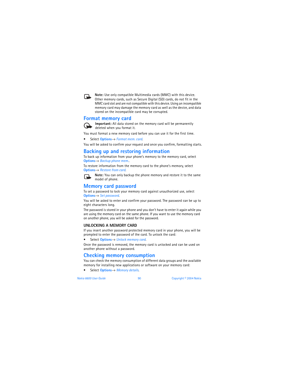 Format memory card, Backing up and restoring information, Memory card password | Checking memory consumption | Nokia 6600 User Manual | Page 103 / 161