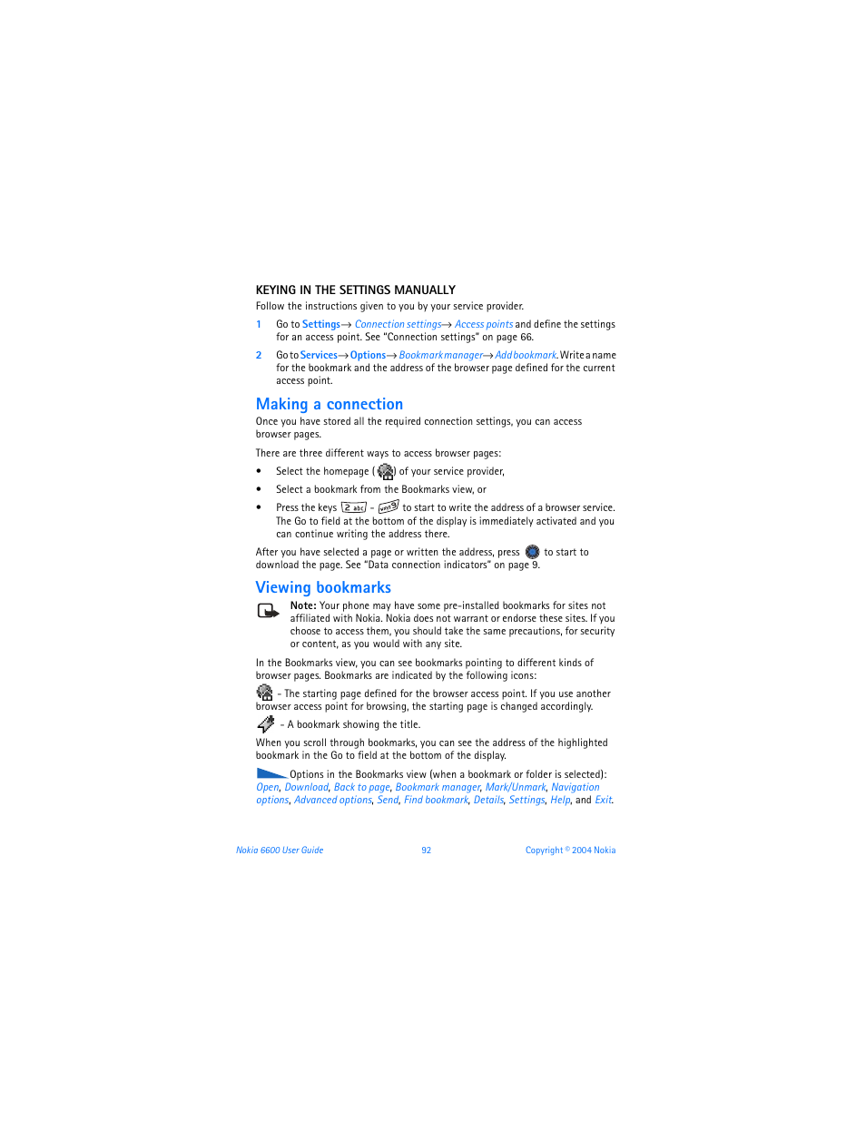 Making a connection, Viewing bookmarks | Nokia 6600 User Manual | Page 105 / 161