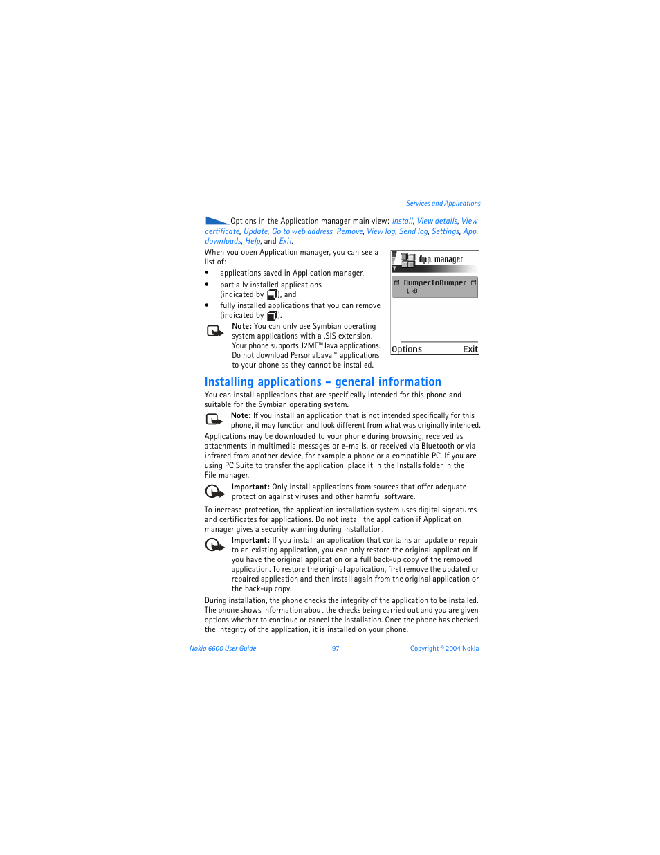 Installing applications - general information | Nokia 6600 User Manual | Page 110 / 161