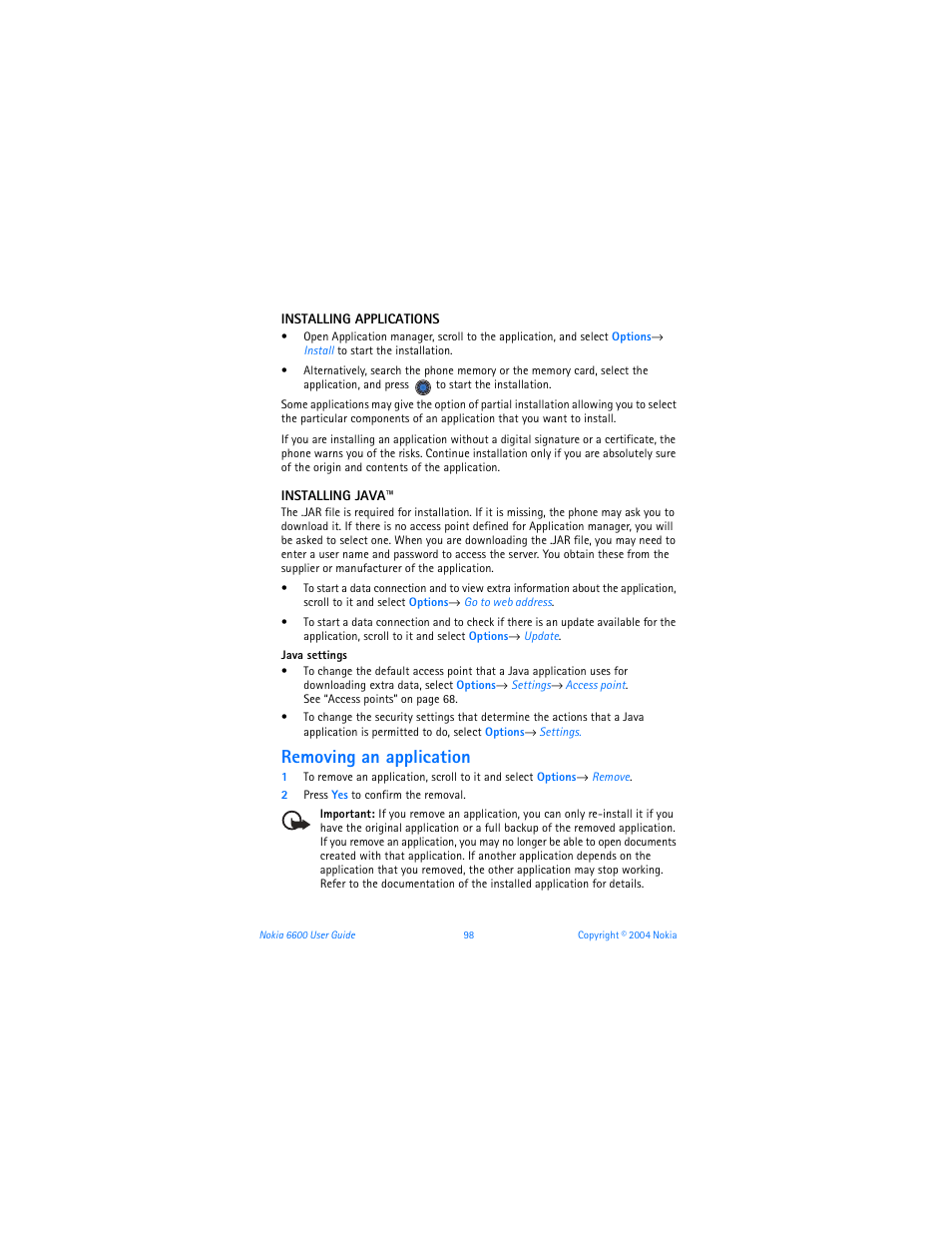 Removing an application | Nokia 6600 User Manual | Page 111 / 161