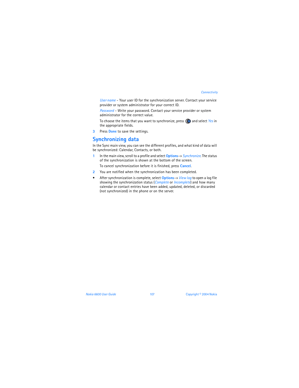 Synchronizing data | Nokia 6600 User Manual | Page 120 / 161