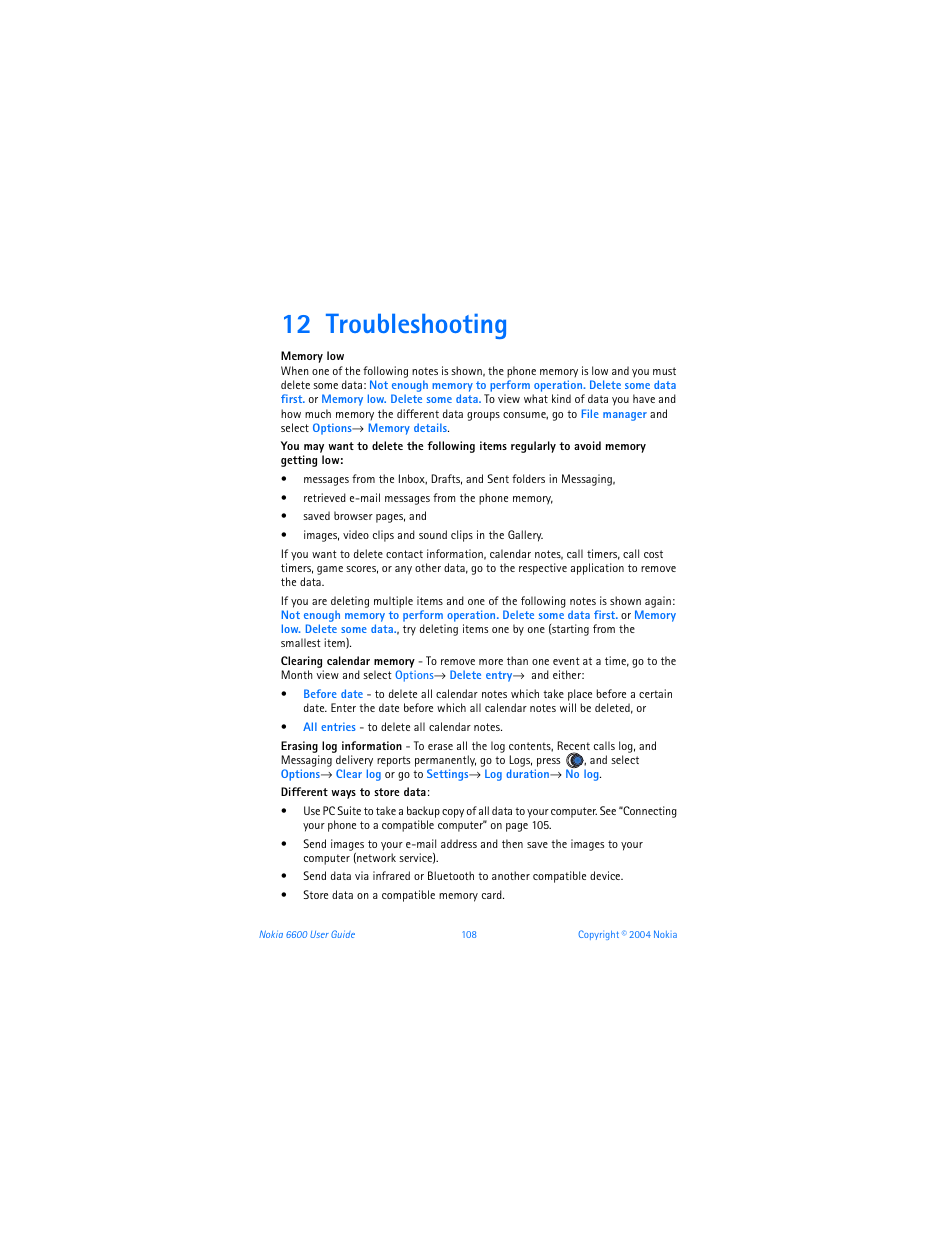 12 troubleshooting, Troubleshooting | Nokia 6600 User Manual | Page 121 / 161