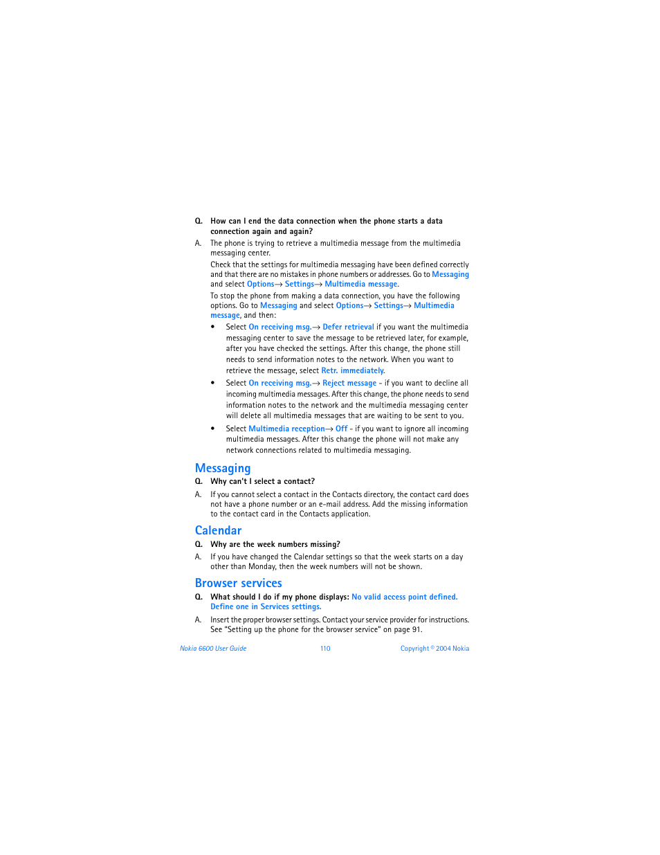 Messaging, Calendar, Browser services | Nokia 6600 User Manual | Page 123 / 161