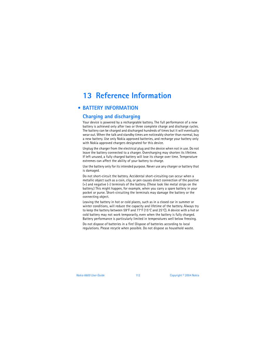 13 reference information, Battery information, Charging and discharging | Reference information, Battery information charging and discharging | Nokia 6600 User Manual | Page 125 / 161