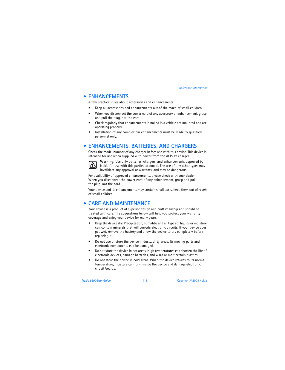 Enhancements, Enhancements, batteries, and chargers, Care and maintenance | Nokia 6600 User Manual | Page 126 / 161