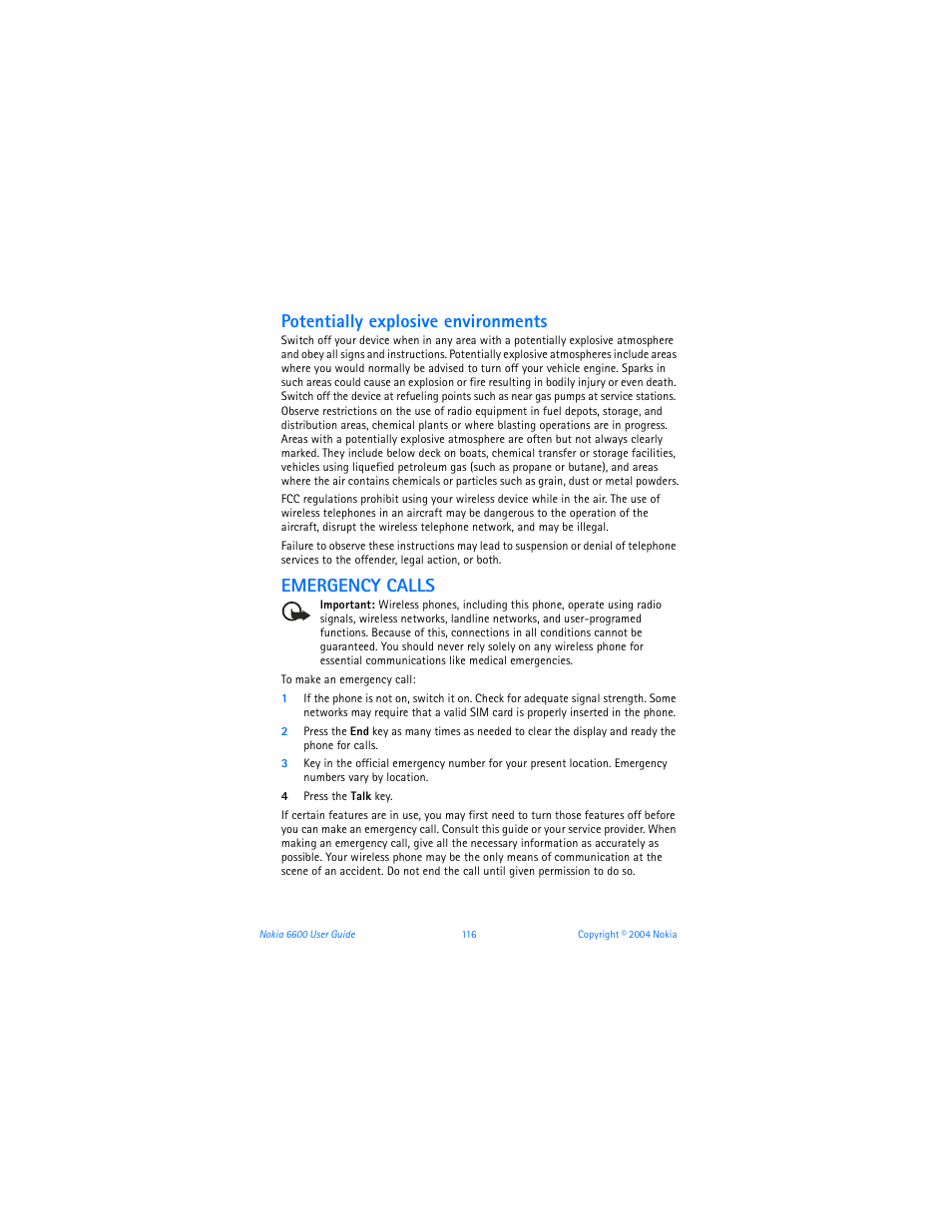 Potentially explosive environments, Emergency calls | Nokia 6600 User Manual | Page 129 / 161