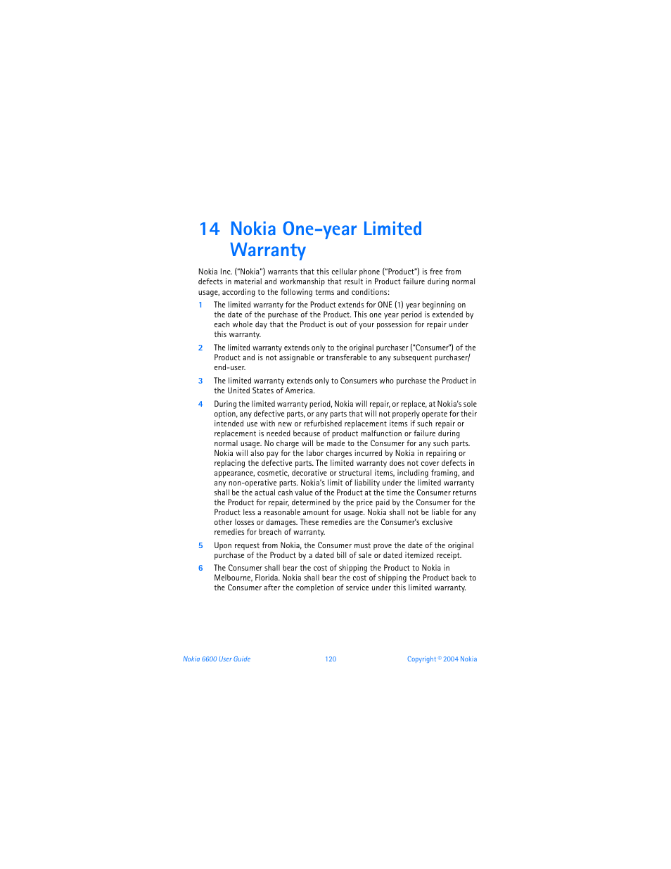 14 nokia one-year limited warranty, Nokia one-year limited warranty | Nokia 6600 User Manual | Page 133 / 161