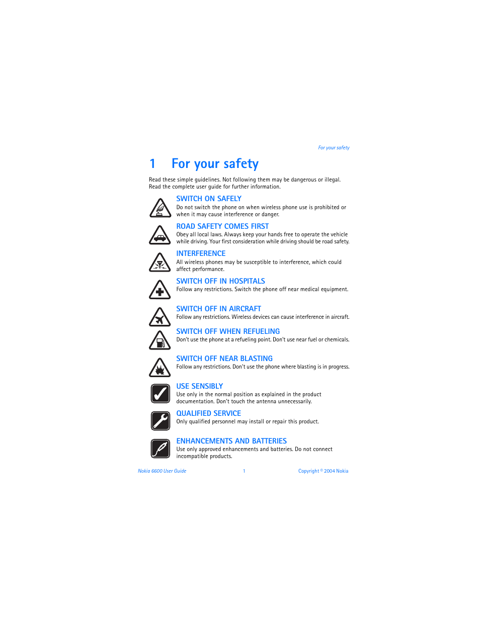 1 for your safety, For your safety, 1for your safety | Nokia 6600 User Manual | Page 14 / 161