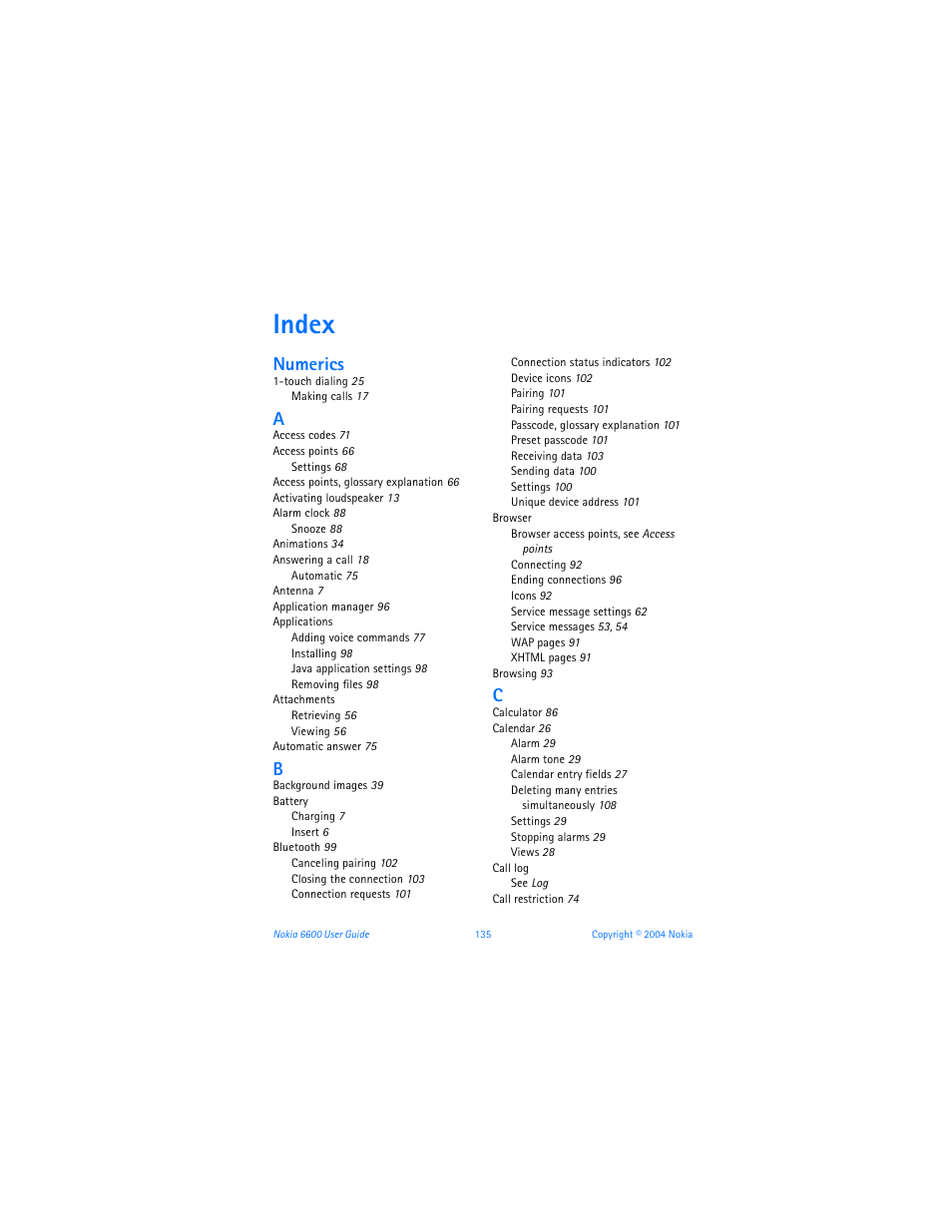 Index, Numerics | Nokia 6600 User Manual | Page 148 / 161