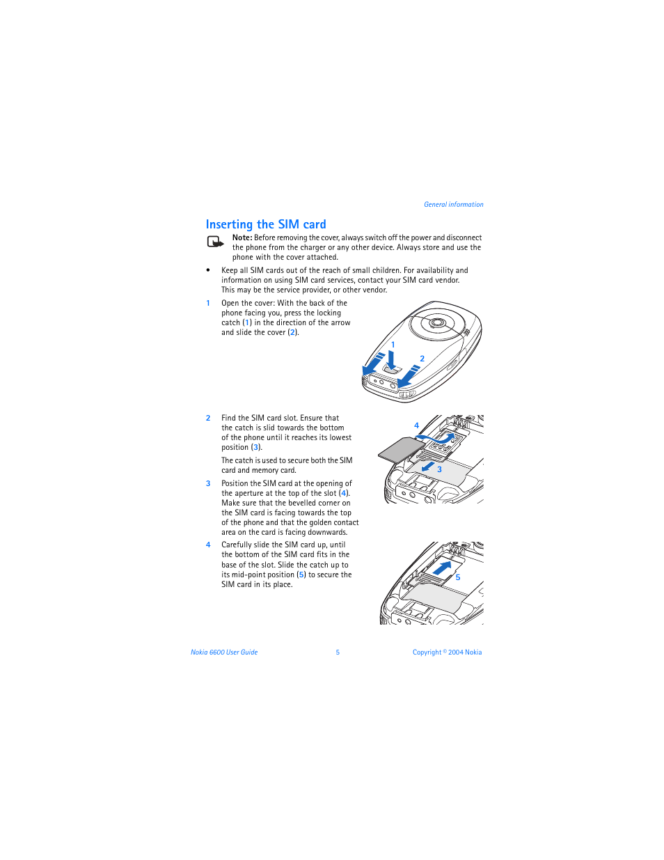 Inserting the sim card | Nokia 6600 User Manual | Page 18 / 161