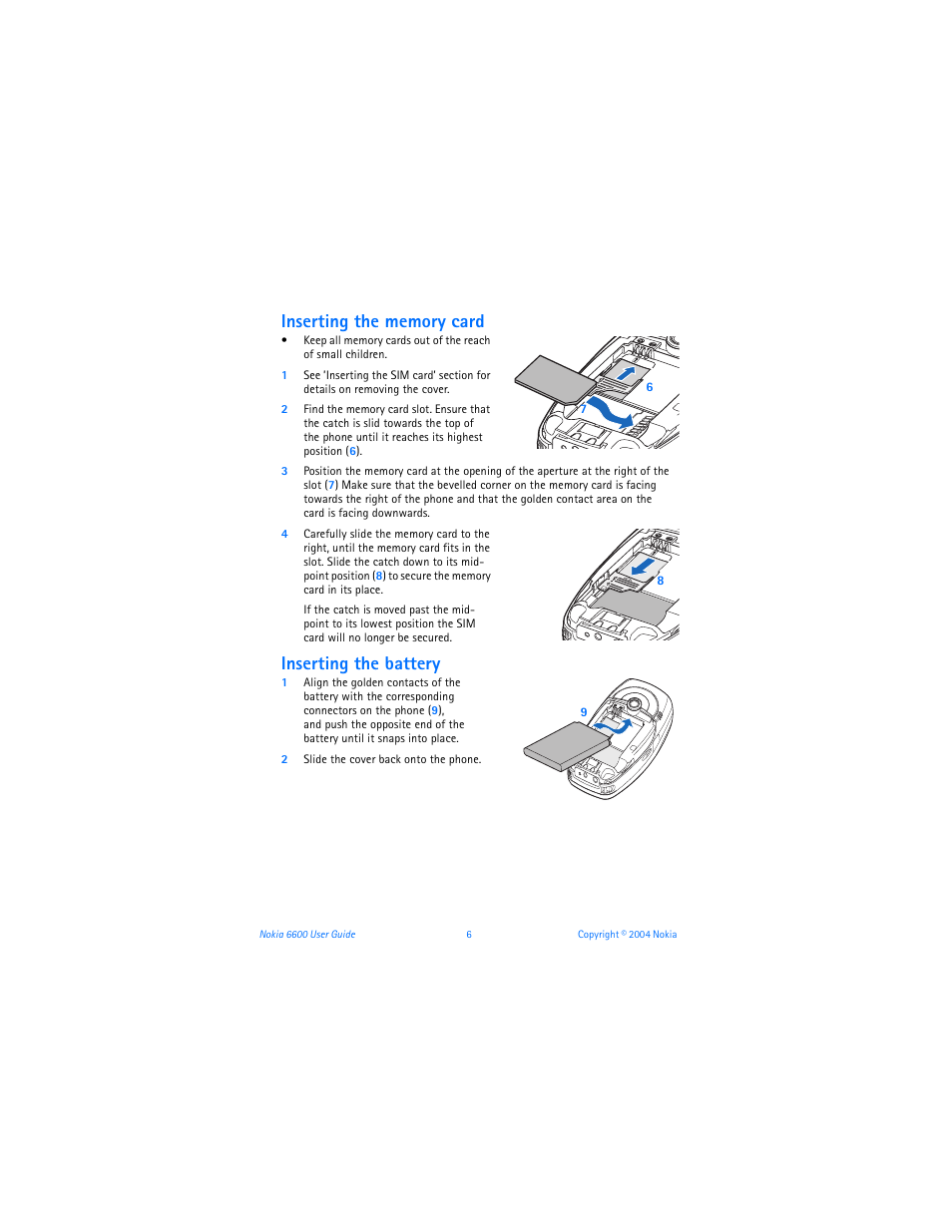 Inserting the memory card, Inserting the battery | Nokia 6600 User Manual | Page 19 / 161