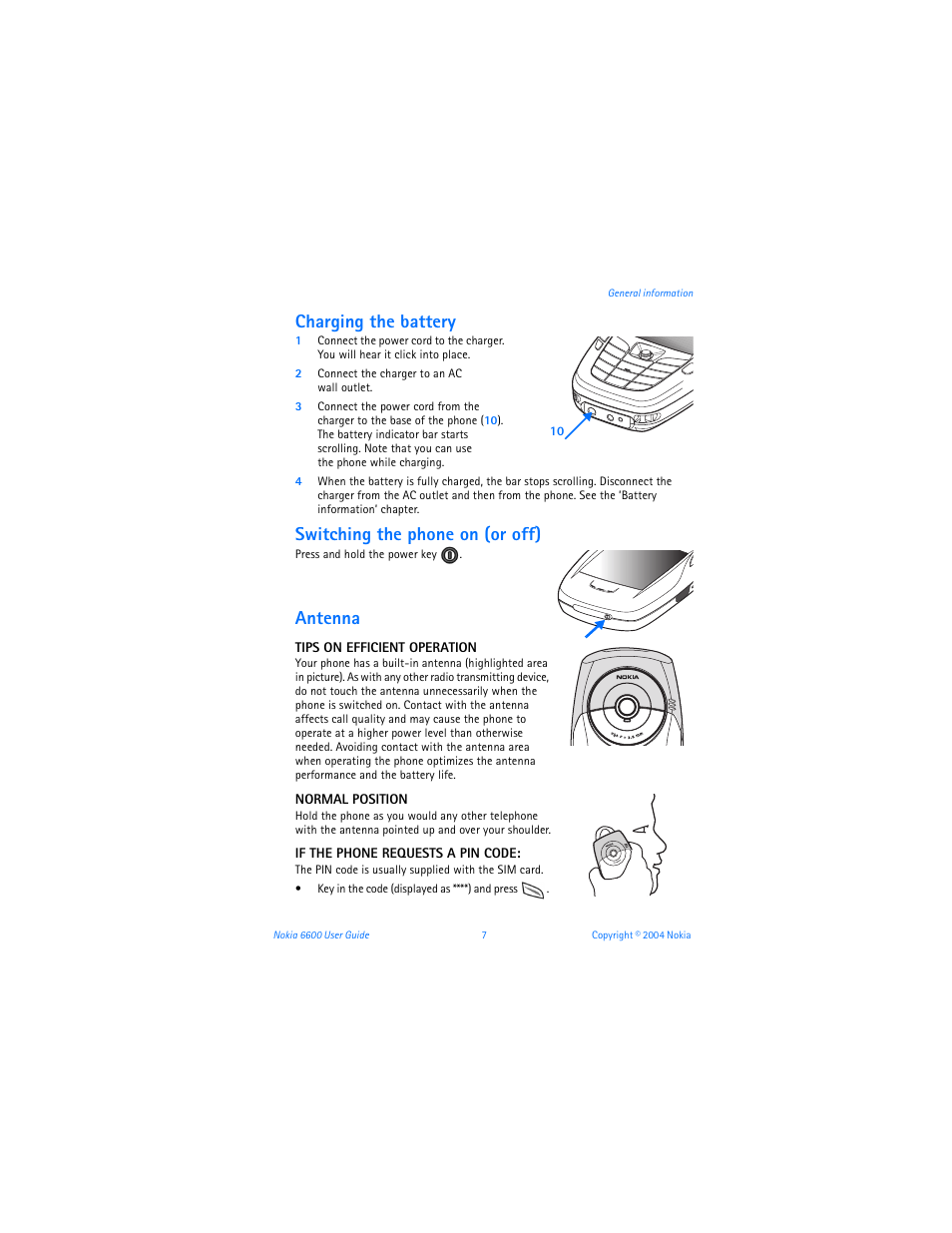 Charging the battery, Switching the phone on (or off), Antenna | Nokia 6600 User Manual | Page 20 / 161