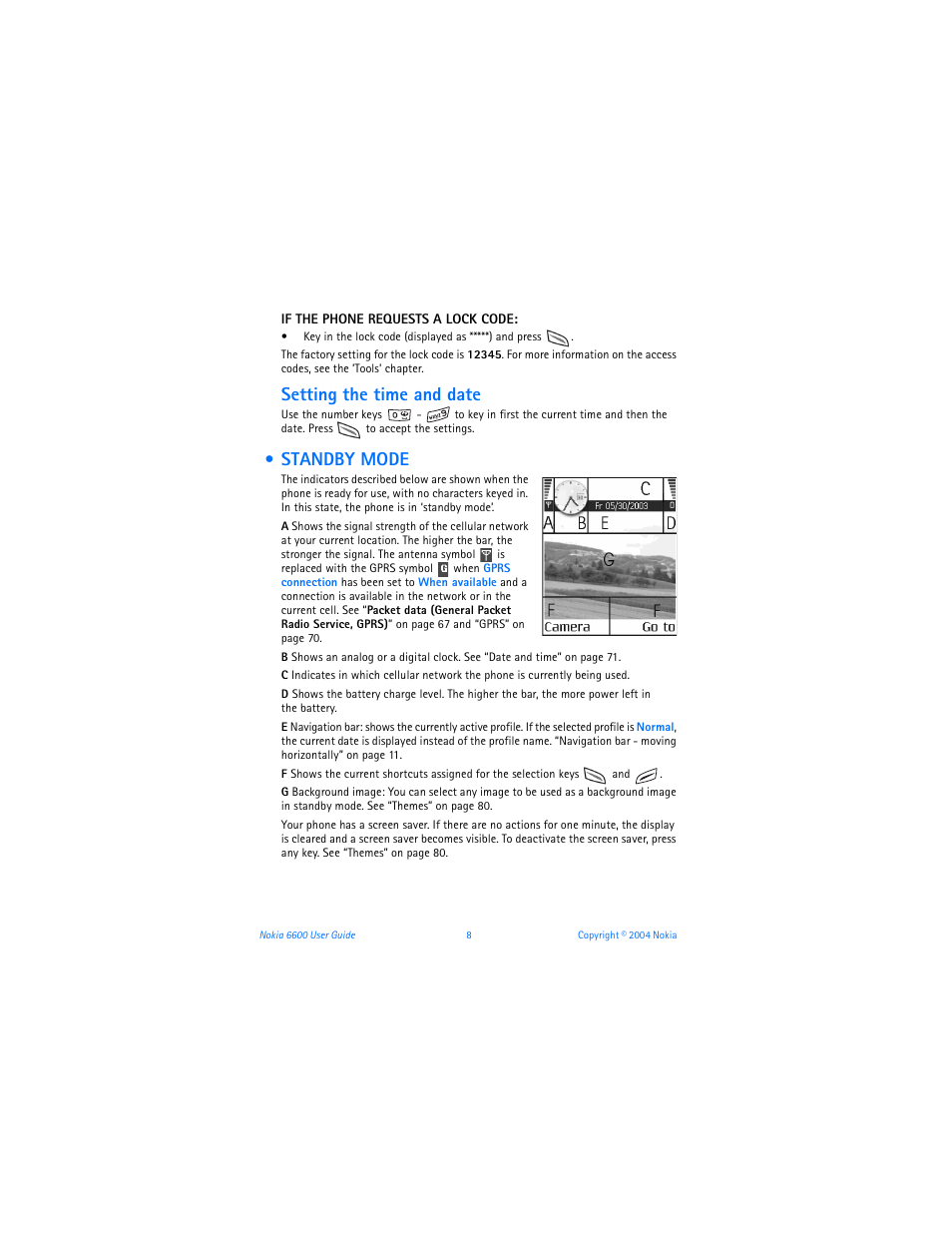 Setting the time and date, Standby mode | Nokia 6600 User Manual | Page 21 / 161