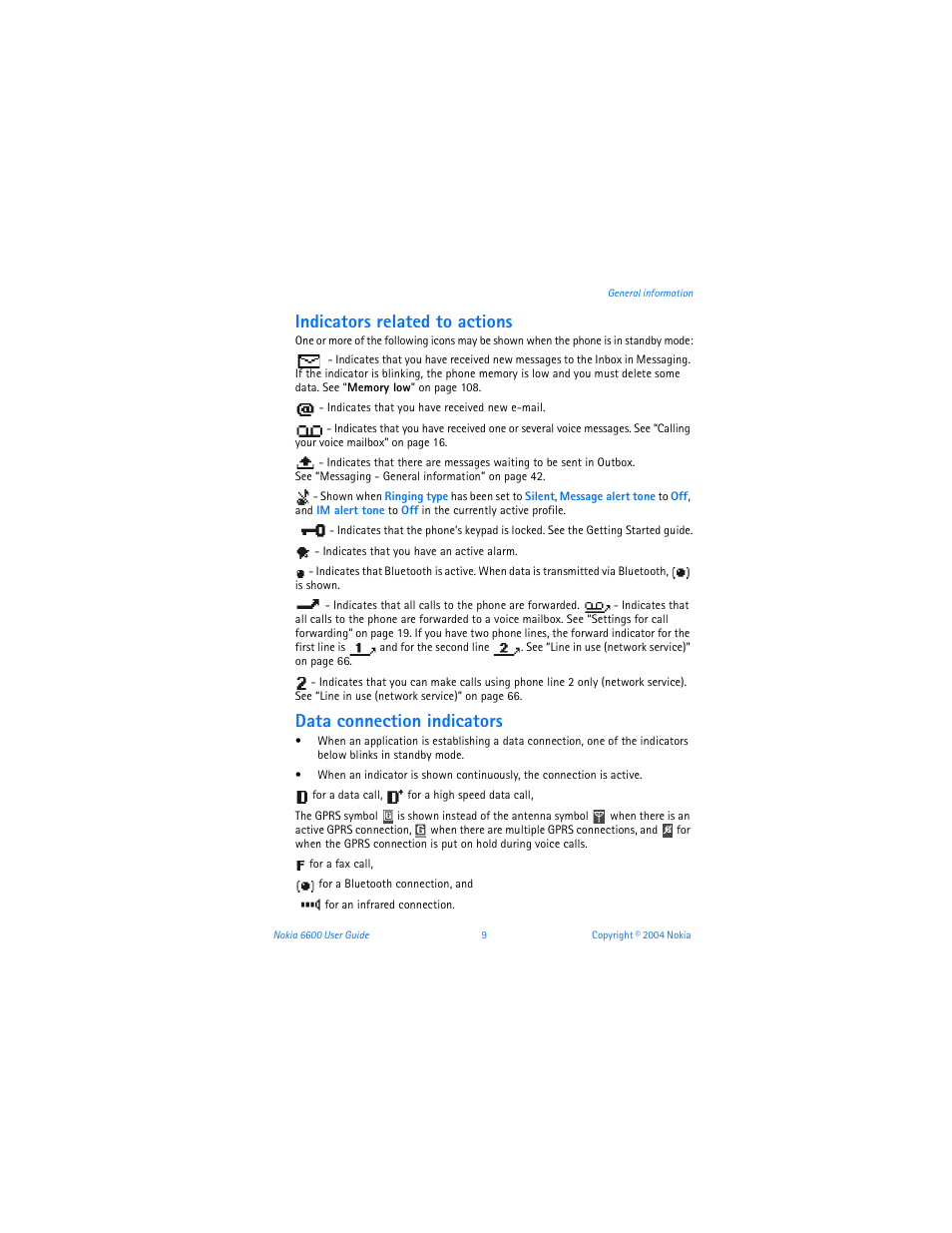 Indicators related to actions, Data connection indicators | Nokia 6600 User Manual | Page 22 / 161