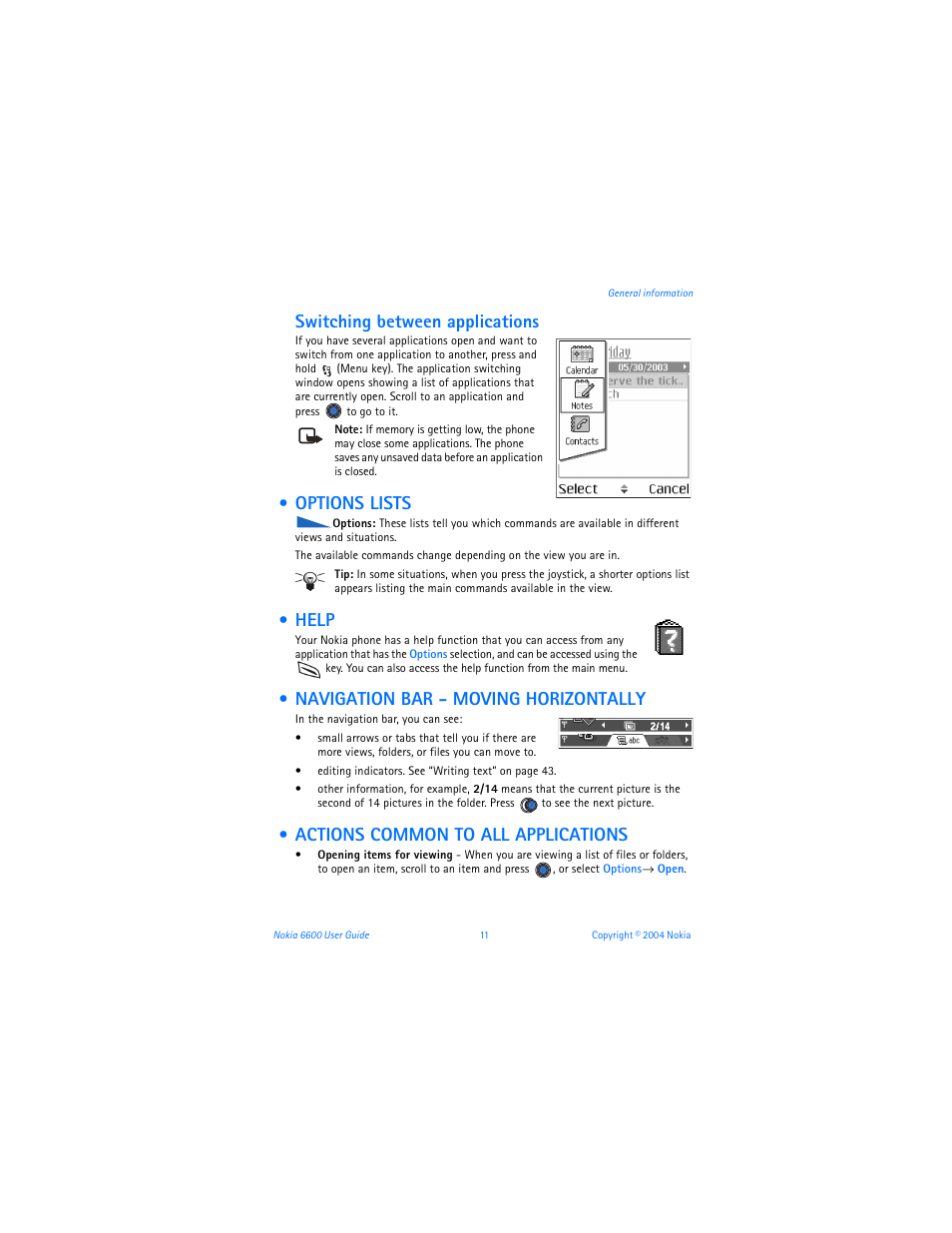 Switching between applications, Options lists, Help | Navigation bar - moving horizontally, Actions common to all applications | Nokia 6600 User Manual | Page 24 / 161