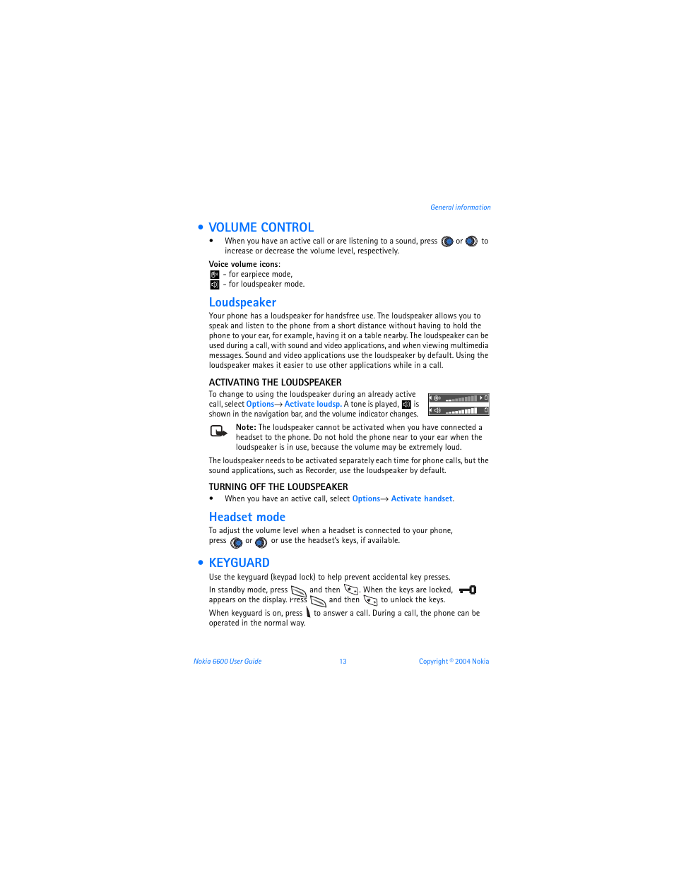 Volume control, Loudspeaker, Headset mode | Keyguard | Nokia 6600 User Manual | Page 26 / 161