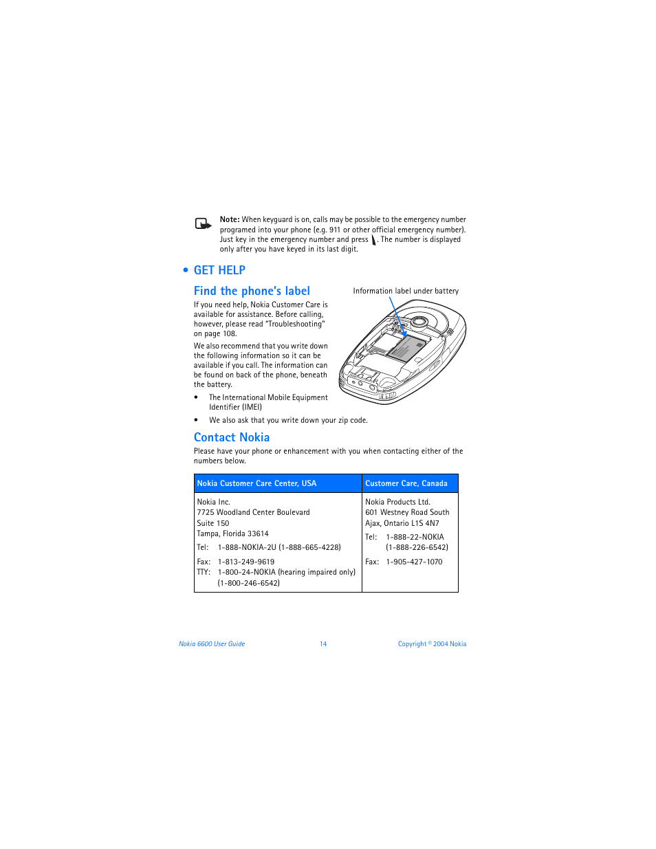 Get help, Find the phone’s label, Contact nokia | Get help find the phone’s label | Nokia 6600 User Manual | Page 27 / 161