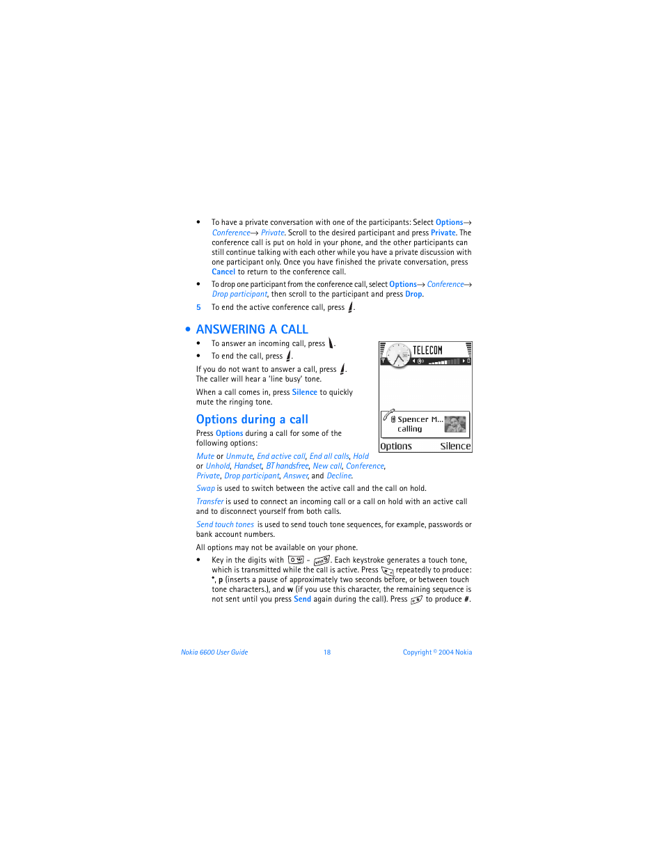 Answering a call, Options during a call | Nokia 6600 User Manual | Page 31 / 161