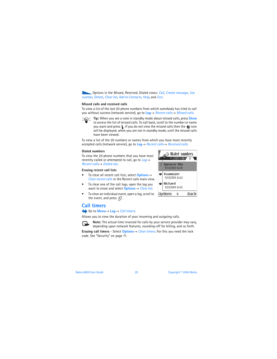 Call timers | Nokia 6600 User Manual | Page 33 / 161