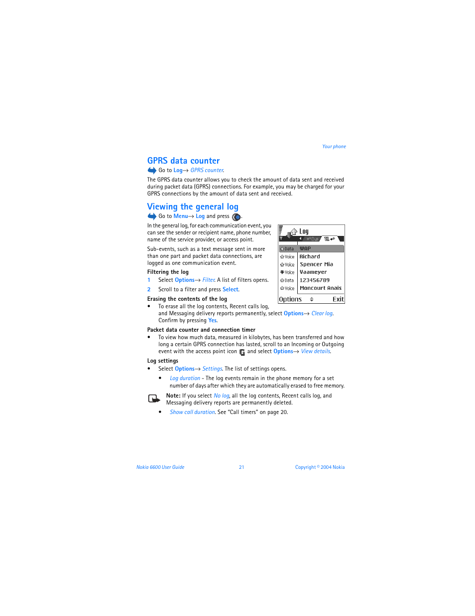 Gprs data counter, Viewing the general log | Nokia 6600 User Manual | Page 34 / 161